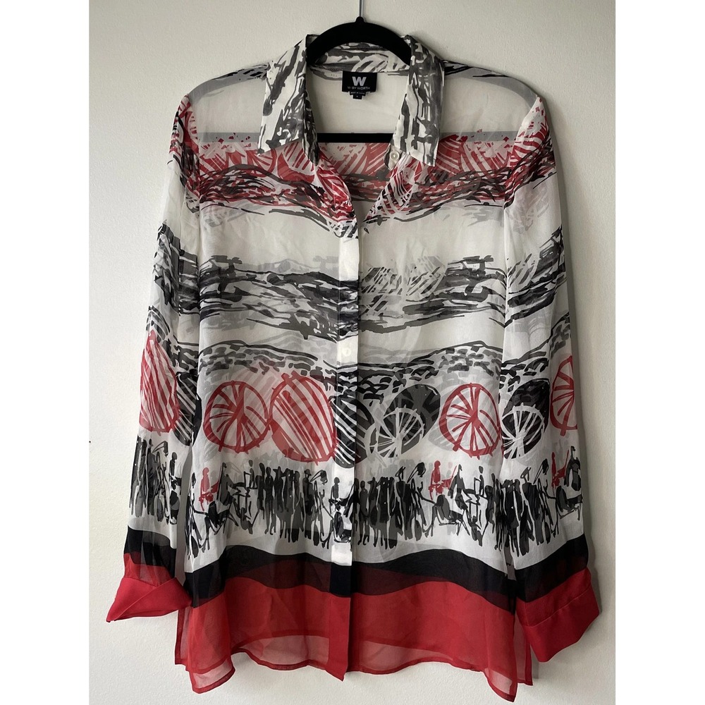 W By Worth Blouse Womens Small White Red Black Silk Sheer Abstract Art to Wear